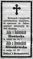 Nekrolog Julii z Radońskich Iłowieckiej (lat 80) i Julii z Iłowieckich Głoszkowskiej (lat 28) zm. 1874. Źródło: "Gazeta ...