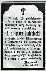 Nekrolog Ignacego Białobłockiego, zm. 15 X 1882 r. Źródło: "Gazeta Toruńska", nr 241 z 19 X 1882 r., s. 4.