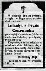 Nekrolog Leokadii z Gervais Czarneckiej, zm. 24 IV 1881 r. Źródło: "Gazeta Toruńska", nr 98 z 30 IV 1881 r., s. 4.