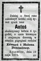 Nekrolog Antoniego Donimirskiego zm. 19 V 1875 r. w Łysomicach. Źródło: "Gazeta Toruńska", nr 112 z 20 V 1875 r., s. 4.
