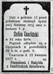 Nekrolog Stefana Czarlińskiego, zm. 14 IV 1877 r. Źródło: "Gazeta Toruńska", nr 85 z 14 IV 1877 r., s. 4.