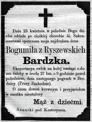 Nekrolog Bogumiły z Ryszewskich Bardzkiej, zm. 23 IV 1881 r. Źródło: "Gazeta Toruńska", nr 94 z 26 IV 1881 r., s. 4.