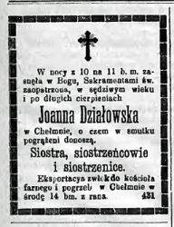 Nekrolog Joanny Działowskiej zm. 10/11 VII 1875 r. w Chełmnie. Źródło: "Gazeta Toruńska", nr 156 z 13 VII 1875 r., s. 4.