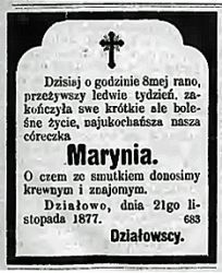 Nekrolog Marii Działowskiej zm. 21 XI 1877 r. w Działowie. Źródło: "Gazeta Toruńska", nr 272 z 24 XI 1877 r., s. 4.