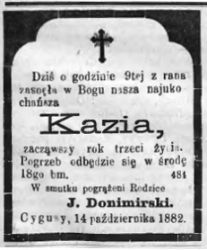 Nekrolog Kazimierza Donimirskiego zm. 17 X 1882 r. w Cygusach. Źródła: "Gazeta Toruńska", nr 239 z 17 X 1882 r., s. 4.