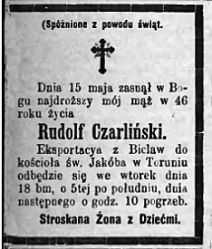 Nekrolog Rudolfa Czarlińskiego, zm. 15 V 1880 r. Źródło: "Gazeta Toruńska", nr 112 z 19 V 1880 r., s. 4.