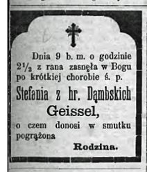 Nekrolog Stefanii z hr. Dąmbskich Geissel zm. 9 II 1880 r. Źródło: "Gazeta Toruńska", nr 33 z 11 II 1880 r., s. 4.