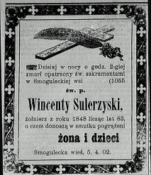 Nekrolog Wincentego Sulerzyskiego, zmarłego 5 IV 1902 r. w Smoguleckiej Wsi. Źródło: "Dziennik Kujawski", nr 78 z 6 IV 1902 r., ...
