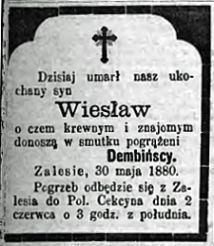 Nekrolog Wiesława Dembińskiego, zm. 2 VI 1880 r. w Zalesiu. Źródło: "Gazeta Toruńska", nr 123 z 2 VI 1880 r., s. 4.