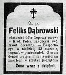 Nekrolog Feliks Dąbrowskiego, właściciela Toporzyszczewa. Źródło: "Gazeta Toruńska", nr 18 z 23 I 1881 r., s. 4.