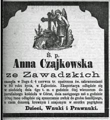 Nekrolog Anny z Zawadzkich Czaykowskiej, zm. 4 VI 1880 r. Źródło: "Gazeta Toruńska", nr 127 z 6 VI 1880 r., s. 6.