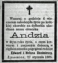 Nekrolog Hanny Donimirskiej, zm. 27 I 1885 r. w Łysomicach. Źródło: "Gazeta Toruńska", nr 22 z 28 I 1885 r., s. 4.