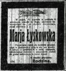 Maria Łyskowska (zm. 21 I 1919 r.), nekrolog. Źródło: "Dziennik Poznański", nr 34 z 11 II 1919 r., s. 3.