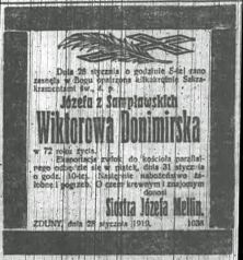 Nekrolog Józefy z Sampławskich Donimirskiej, zm. 28 I 1919 r.w Zdunach. Źródło: "Dziennik Poznański", nr 24 z 30 I 1919 r., s. ...