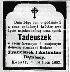 Nekrolog Tadeusza Dąmbskiego, zm. 14 VII 1882 r. Źródło: "Gazeta toruńska", nr 160 z 16 VII 1882 r., s. 4.