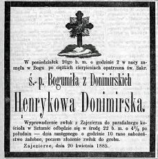 Nekrolog Bogumiły z Donimirskich Donimirskiej, zm. 20 IV 1885 r. w Zajezierzu. Źródło: "Gazeta Toruńska", nr 90 z 21 IV 1885 ...