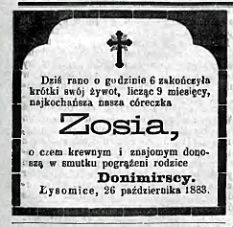 Nekrolog Zofii Donimirskiej, zm. 26 X 1883 r. w Łysomicach. Źródło: "Gazeta Toruńska