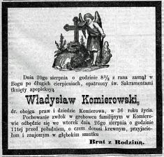 Nekrolog Władysława Komierowskiego zm. 20 VIII 1884 r. w Komierowie. Źródło: "Gazeta Toruńska", nr 195 z 23 VIII 1884 r., s. ...