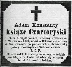 Adam Konstanty Czartoryski (1804-1880), nekrolog. Źródło: "Gazeta Toruńska", nr 294 z 22 XII 1880 r., s. 4.