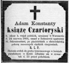 Nekrolog Adama Konstantego Czartoryskiego, zm. w 1880 r. Źródło: Gazeta Toruńska", nr 294 z 22 XII 1880 r., s. 4.