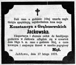 Nekrolog Konstancji z Grąbczewskich Nostitz-Jackowskiej zm. 17 II 1876 r. w Jabłowie. Źródło: "Gazeta Toruńska