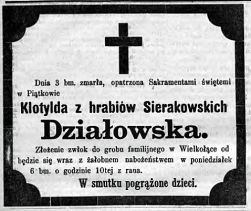 Nekrolog Klotyldy z hr. Sierakowskich Działowskiej zm. 3 III 1882 r. w Piątkowie. Źródło: "Gazeta Toruńska", nr 52 z 4 III 1882 ...