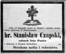 Nekrolog Stanisława hr. Czapskiego z Bukowca, zm. 10 XI 1884 r. Źródło: "Gazeta Toruńska", nr 264 z 13 XI 1884 r., s. 4.