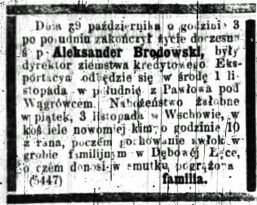 Nekrolog Aleksandra Brodowskiego, zmarłego 29 X 1865 r. w Pawłowie. Źródło: "Dziennik Poznański", nr 249 z 31 X 1865 r., s. ...