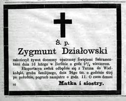 Nekrolog Zygmunta Działowskiego zm. 16 II 1878 r.w Berlinie. Źródło: "Gazeta Toruńska", nr 41 z 19 II 1878 r., s. 4.