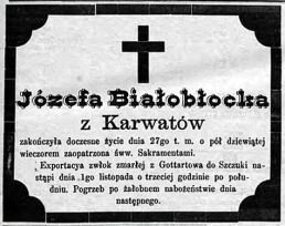 Nekrolog Józefy z Karwatów Białobłockiej zm. 1881. Źródło: "Gazeta Toruńska", nr 250 z 30 X 1881 r., s. 4.