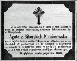 Nekrolog Agaty z Sikorskich Komierowskiej zm. 27 X 1883 r. w Nieżychowie. Źródło: "Gazeta Toruńska", nr 249 z 30 X 1883 r., s. ...