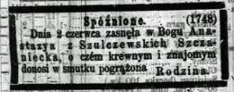 Nekrolog Anastazji z Szulczewskich Sczanieckiej, zmarłej 2 VI 1862 r. Źródło:"Dziennik Poznański", nr 130 z 7 VI 1862 r., s. ...
