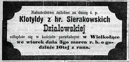 Klepsydra Klotyldy z hr. Sierakowskich Działowskiej. Źródło: "Gazeta Toruńska", nr 49 z 1 III 1885 r., s. 4.