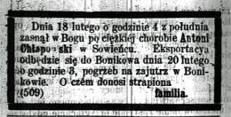 Nekrolog Antoniego Chłapowskiego, zmarłego 18 II 1863 r. Źródło: "Dziennik Poznański", nr 41 z 20 II 1863 r., s. 4.