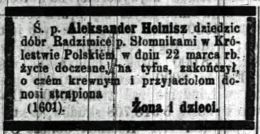 Nekrolog Aleksandra Heinisza, dziedzica Radzimic, zmarłego 22 III 1865 r. Źródło: "Dziennik Poznański", nr 76 z 2 IV 1865 r., s. ...
