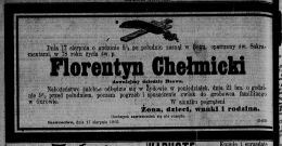 Nekrolog Florentyna Chełmickiego (zm. 1905), dziedzica Bzowa. Źródło: "Dziennik Kujawski", nr 190 z 19 VIII 1905 r., s. 4.