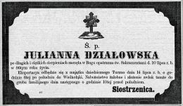 Nekrolog Julianny Działowskiej zm. 10 VII 1885 r. w Turznie. Źródło: "Gazeta Toruńska", nr 156 z 12 VII 1885 r., s. 5.