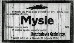 Nekrolog Marii Gozimirskiej, zm. przed 30 XI 1918 r. w Marcinkowie Górnym. Źródło: "Dziennik Poznański", nr 279 z 5 XII 1918 r., ...