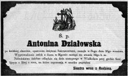 Nekrolog Antoniny Działowskiej zm. 26 IX 1884 r.w Mgowie. Źródło: "Gazeta Toruńska", nr 226 z 28 IX 1884 r., s. 4.