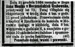 Nekrolog Anny Moniki z Moszczeńskich Grabowskiej, zmarłej 31 XII 1864 r. Źródło: "Dziennik Poznański", nr 2 z 3 I 1865 r., s. ...