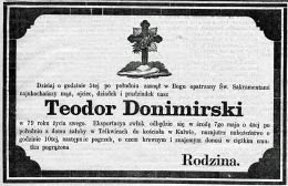 Nekrolog Teodora Donimirskiego zm. 4 V 1884 r. w Telkwicach. Źródła: "Gazeta Toruńska", nr 104 z 4 V 1884 r., s. 4.