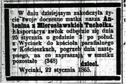 Nekrolog Antoniny z Mierosławskich Tuchołki, zmarłej 25 I 1865 r. Źródło: "Dziennik Poznański", nr 19 z 24 I 1865 r., s. 4