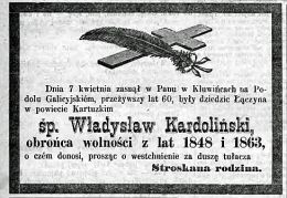 Nekrolog Władysława Kardolińskiego zm. 7 IV 1886 r. w Kluwińcach. Źródło: "Gazeta Toruńska
