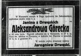 Nekrolog Janiny z Drwęskich Góreckiej zm. przed 17 XII 1918 r. Źródło: "Dziennik Poznański", nr 290 z 18 XII 1918 r., s. 5.