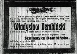 Nekrolog Władysława Dembińskiego, zm. 11 XII 1918 r. w Kuklinowie. Źródło: "Dziennik Poznański", nr 286 z 13 XII 1918 r., s. ...