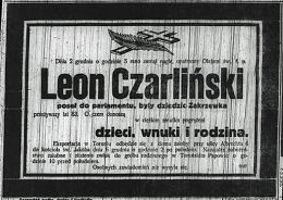 Nekrolog Leona Czarlińskiego (zm. 1918). Źródło: "Dziennik Poznański", nr 278 z 4 XII 1918 r., s. 3.