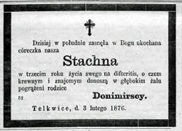 Nekrolog Stanisławy Donimirskiej, zm. 5 II 1876 r. w Telkwicach. Źródło: "Gazeta Toruńska", nr 28 z 5 II 1876 r., s. 4.
