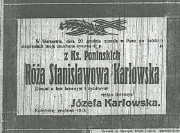 Nekrolog Róży z Ponińskich Karłowskiej zm. 20 XII 1918 r. w Warszawie. Źródło: "Dziennik Poznański", nr 2 z 3 I 1919 r., s. ...