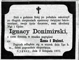 Nekrolog Ignacego Donimirskiego, zm. 4 XI 1876 r. w Cygusach. Źródło: "Gazeta Toruńska", nr 255 z 4 XI 1876 r., s. 4.
