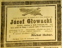 Nekrolog Józefa Głowackiego zm. 14 XI 1915 r. Źródło: "Dziennik Kujawski", nr 260 z 17 XI 1915 r., s. 4.